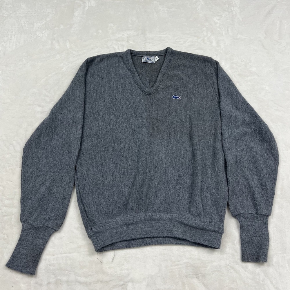 80s Izod Lacoste V-Neck Sweater Mens L Gray Vintage Blue Croc Logo Knit